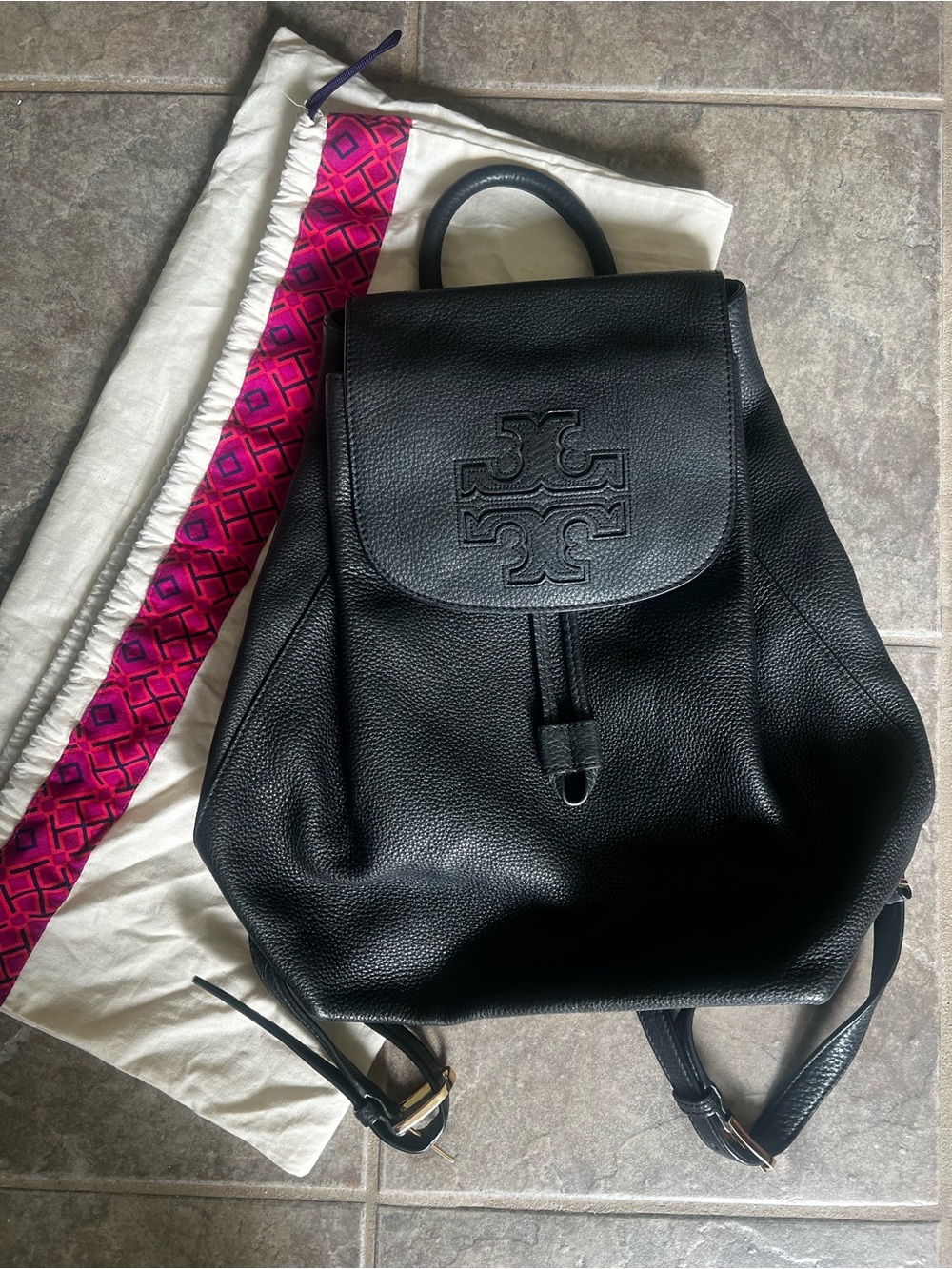 Tory Burch Black Pebbled Leather Logo Backpack